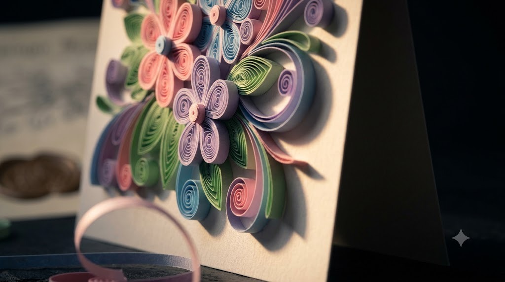 Extreme macro of a handmade Vietnamese paper quilling greeting card lit by warm raking light against a dark background, with a blurred parchment document and embossed seal behind it