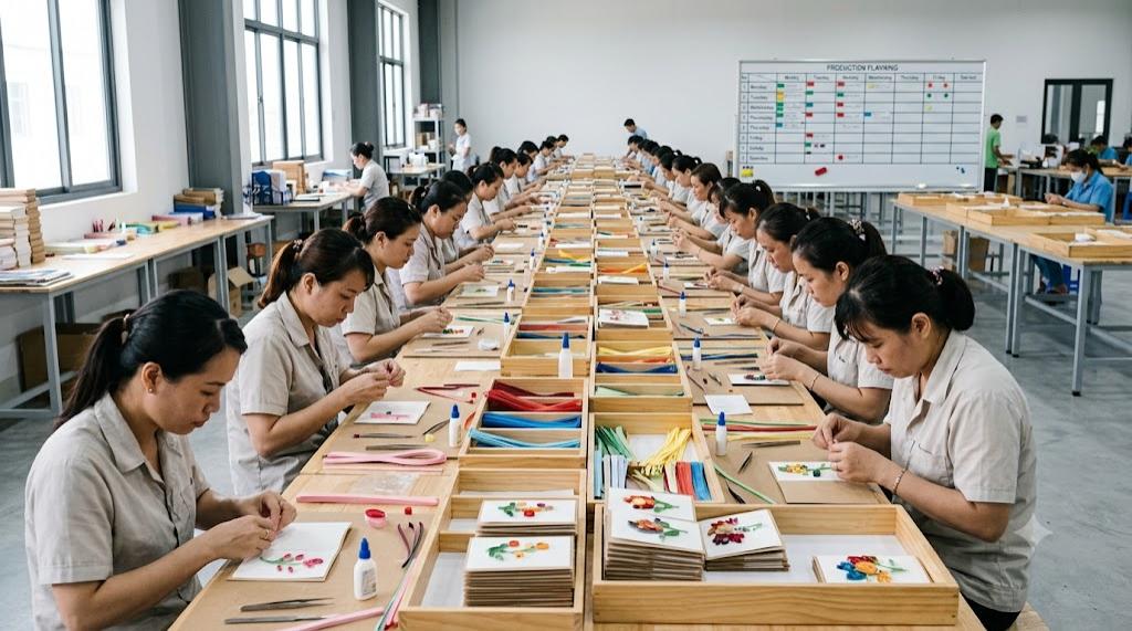Rows of Vietnamese artisans assembling handmade quilling greeting cards at long benches in an organised export production hall, with a weekly output planning board on the wall