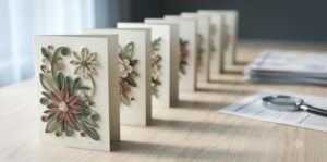 Row of handmade Vietnamese paper quilling greeting cards standing upright on a pale birch workbench receding into soft focus, beside a stack of stamped compliance certificates and a magnifying glass resting on a printed specification sheet