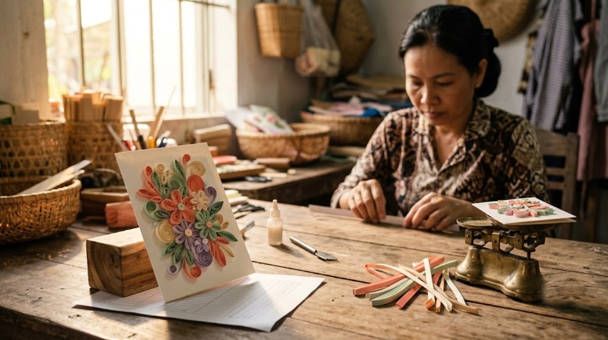 Vietnamese artisan in a Mekong Delta workshop beside a finished handmade paper quilling greeting card propped on a wood block, a brass balance scale weighing a card, loose quilling paper strips and a printed cost breakdown sheet on the workbench
