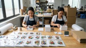 Artisans sleeving and boxing handmade Vietnamese paper quilling greeting cards with cello sleeves, rigid retail boxes, desiccant sachets and a hygrometer at an export packing bench