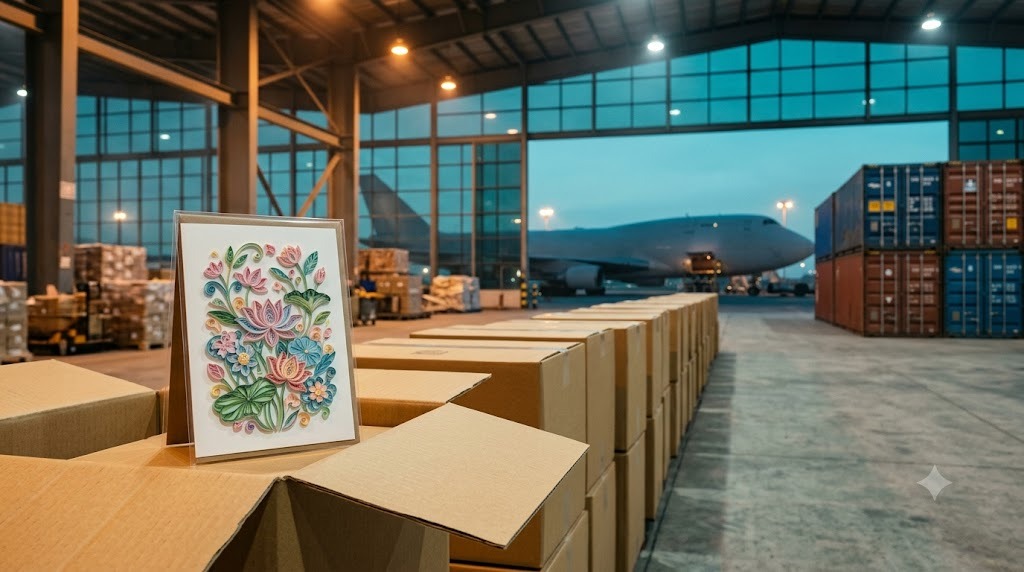 Handmade Vietnamese paper quilling greeting card standing on an open kraft export carton in an air cargo terminal at dusk, with stacked cartons receding and shipping containers and a freighter aircraft visible beyond the glass