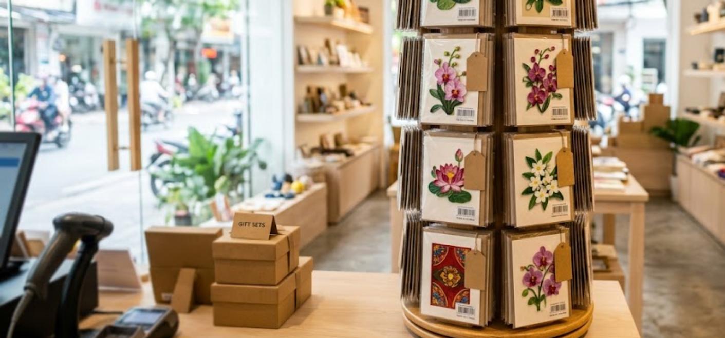Rotating wooden counter display spinner of handmade Vietnamese paper quilling greeting cards in clear sleeves with barcode labels and kraft hangtags, in a bright boutique gift shop