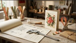 Artisan studio bench with a quilled flower assembly spec sheet, steel calipers, coloured paper quilling strips and a finished handmade Vietnamese quilling greeting card