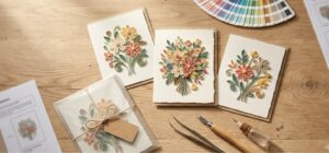 Overhead flat lay of three handmade Vietnamese paper quilling greeting card samples at different detail levels, with a paper colour swatch fan, quilling tools, spec sheets and a sealed golden sample card tagged for buyer approval