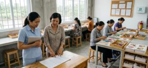 Social compliance auditor reviewing a wage and working-hours register with a workshop supervisor while adult artisans make handmade paper quilling greeting cards in a bright Vietnamese workshop