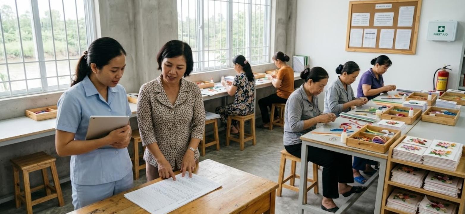 Social compliance auditor reviewing a wage and working-hours register with a workshop supervisor while adult artisans make handmade paper quilling greeting cards in a bright Vietnamese workshop