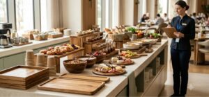 Hotel breakfast buffet station laid with Vietnamese acacia wooden serving boards, turned bowls, tiered risers and stacked room-service trays while a hospitality operations manager checks the line