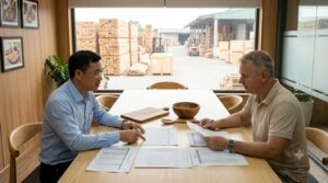 Vietnamese wooden kitchenware export manager and an international buyer reviewing an annual price schedule and cost breakdown at a factory meeting table, with acacia samples and a kiln-dried timber yard visible outside