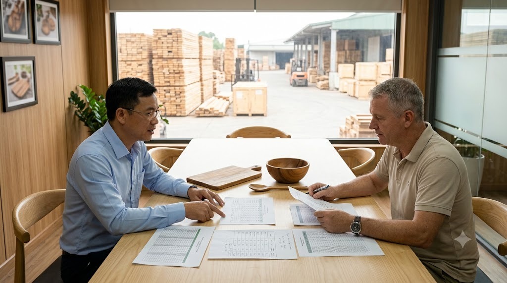 Vietnamese wooden kitchenware export manager and an international buyer reviewing an annual price schedule and cost breakdown at a factory meeting table, with acacia samples and a kiln-dried timber yard visible outside