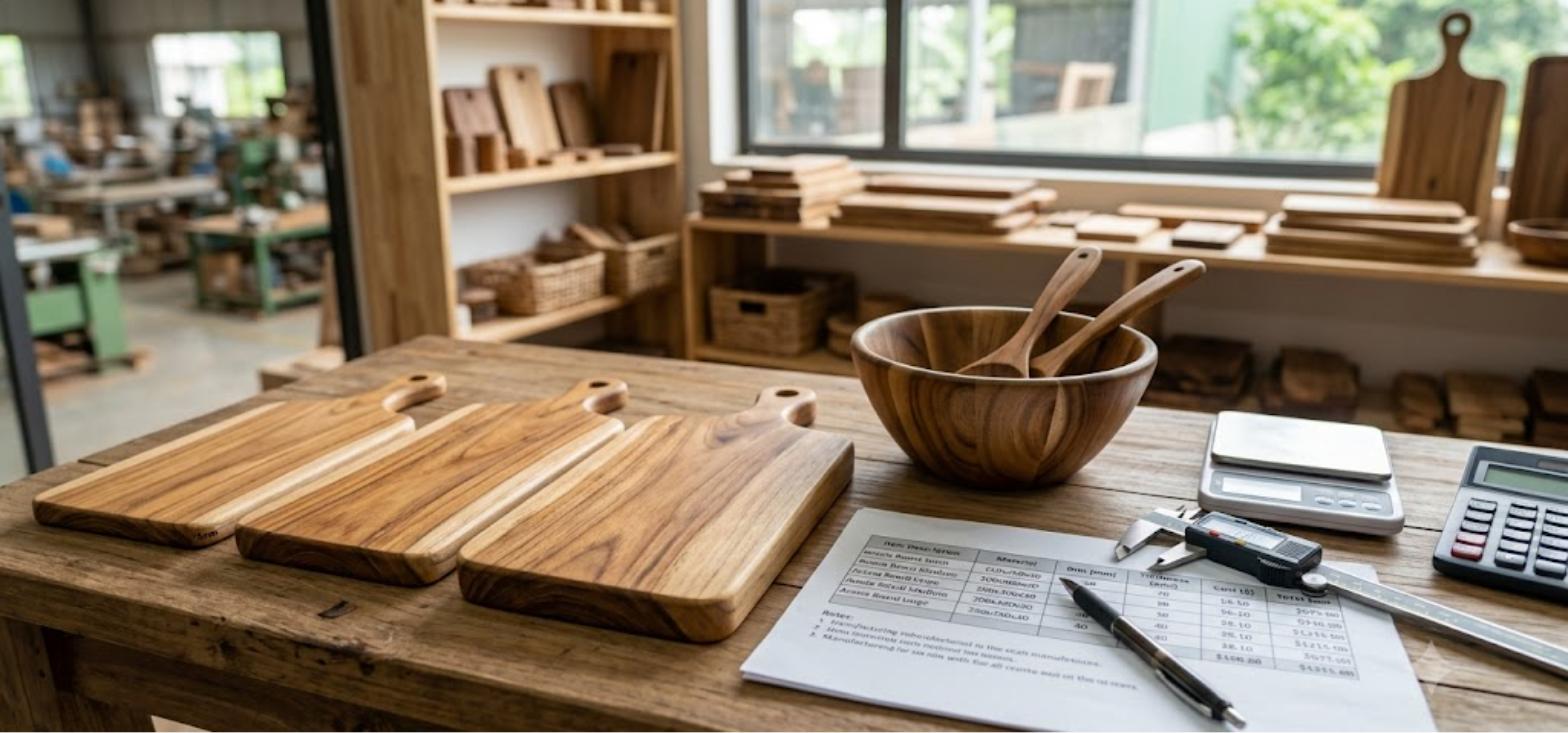 Acacia wood cutting boards, bowl and spoons on a Vietnamese factory desk beside a printed cost breakdown sheet, calipers, scale and calculator during a wooden kitchenware cost-engineering review