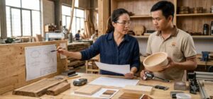 Vietnamese product designer and production engineer reviewing a wooden bowl prototype against a technical drawing in a wooden kitchenware factory sampling room, with acacia and rubberwood samples, calipers, moisture meter and finish swatches on the workbench