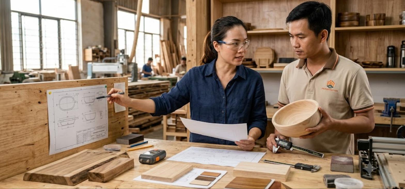Vietnamese product designer and production engineer reviewing a wooden bowl prototype against a technical drawing in a wooden kitchenware factory sampling room