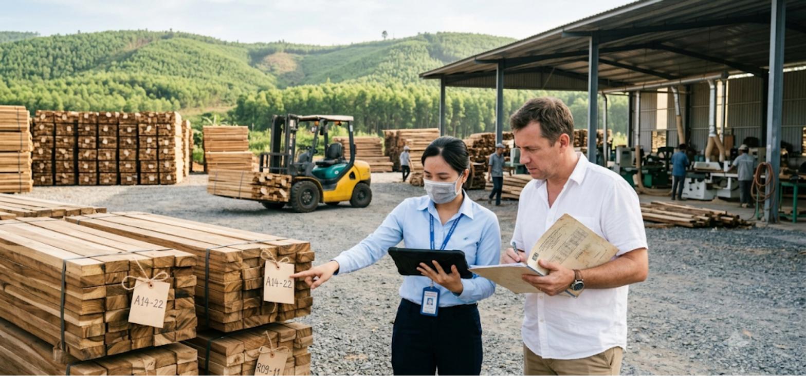 Compliance officer and European buyer checking batch tags on kiln-dried acacia lumber at a Vietnamese wooden kitchenware factory for EUDR due diligence