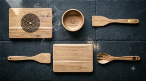 Overhead flat lay of acacia wood kitchenware on dark slate showing laser engraved, debossed and hot stamped private label branding marks for Vietnam OEM production