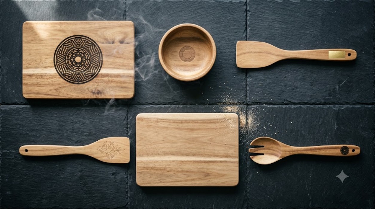 Overhead flat lay of acacia wood kitchenware on dark slate showing laser engraved, debossed and hot stamped private label branding marks for Vietnam OEM production