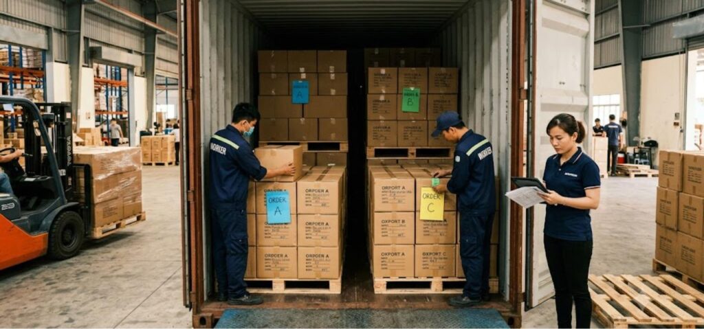 Workers loading a mixed consolidated container of Vietnam wooden kitchenware and houseware cartons on separate order pallets at a factory warehouse, 2026