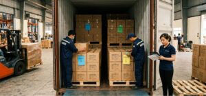 Workers loading a mixed consolidated container of Vietnam wooden kitchenware and houseware cartons on separate order pallets at a factory warehouse, 2026