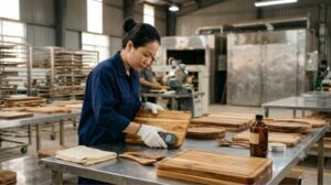 Quality control technician measuring the moisture content of an acacia cutting board beside food-safe mineral oil and beeswax at a Vietnam wooden kitchenware factory