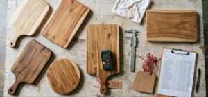 Top down flat lay of a quality control inspection bench in a Vietnamese wood factory with acacia serving boards, a pin type moisture meter reading 9.1 percent, steel calipers, kraft inspection tags and an AQL QC report clipboard