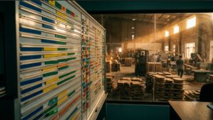 Production planning board with colour coded schedule strips in a Vietnamese wooden kitchenware factory, pallets of finished acacia boards on the workshop floor behind glass