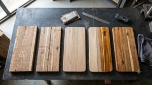 Five stages of a Vietnamese acacia wooden serving board laid out on a factory workbench, from rough sawn blank to finished oiled board