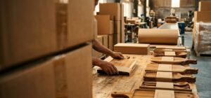 Factory worker sliding an acacia wood cutting board into a retail sleeve beside stacked master cartons at a Vietnam wooden kitchenware packing line
