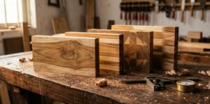 Four acacia wooden cutting boards cut in cross section on a Vietnamese workshop bench, showing solid, edge grain, end grain checkerboard and finger jointed construction side by side