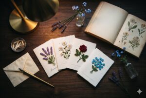 Four handmade quilling greeting cards with paper-strip lavender, daisy, red rose and forget-me-not designs on a walnut desk beside a botanical book