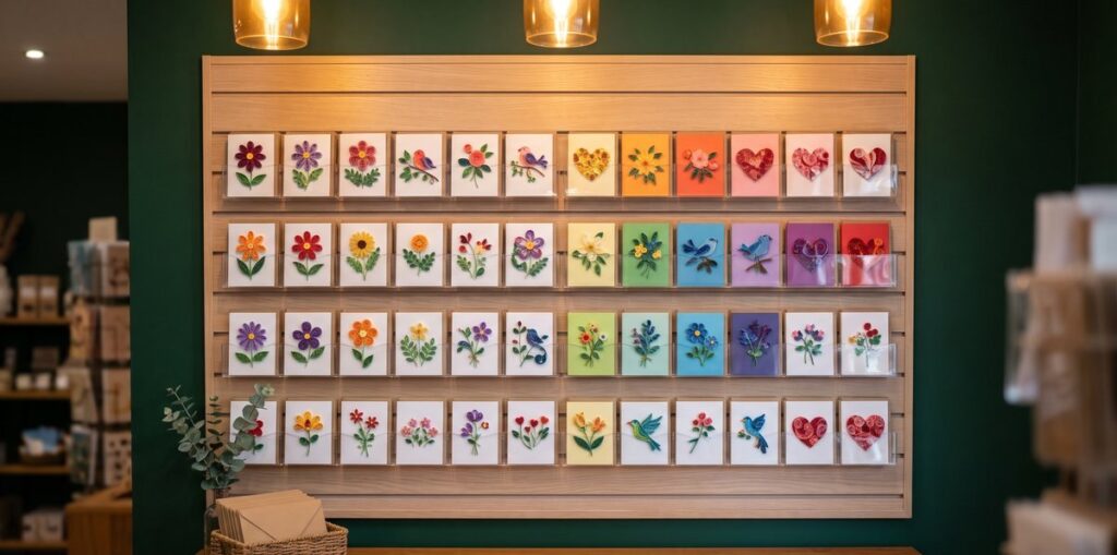 Gift shop slatwall display of handmade quilling greeting cards in clear acrylic pockets, grouped by colour and occasion