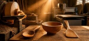 Vietnamese acacia wood workshop at golden hour: a lathe turning a wooden bowl with flying shavings, and on the bench a hand-carved spoon, a lathe-turned bowl and a CNC-shaped spatula, with a CNC router in the background