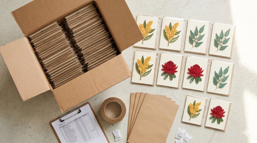 Open export carton of sleeved handmade quilling greeting cards with coiled paper wattle, waratah and eucalyptus designs, packing list and tape ready for shipment to Australia