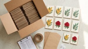 Open export carton of sleeved handmade quilling greeting cards with coiled paper wattle, waratah and eucalyptus designs, packing list and tape ready for shipment to Australia