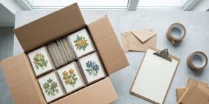 Opened export carton of handmade quilling greeting cards with coiled paper flowers on a warehouse receiving table beside kraft envelopes, a clipboard and packing tape