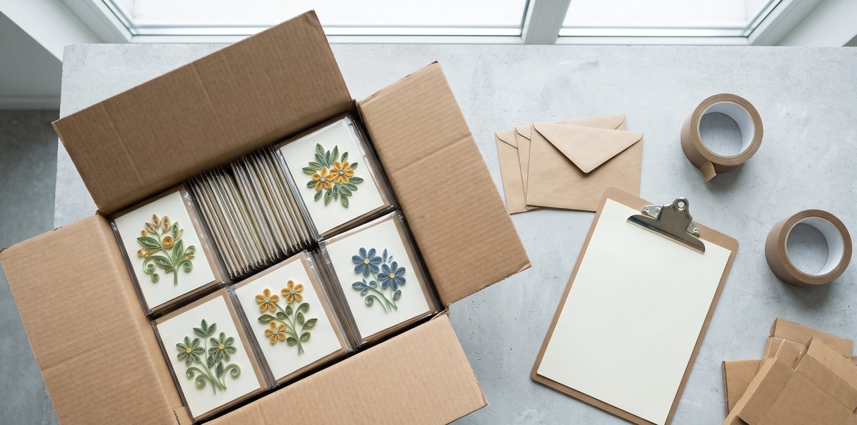 Opened export carton of handmade quilling greeting cards with coiled paper flowers on a warehouse receiving table beside kraft envelopes, a clipboard and packing tape