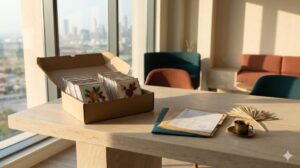 Open export carton of handmade quilling greeting cards on a stone desk in a Dubai importer office beside shipping documents