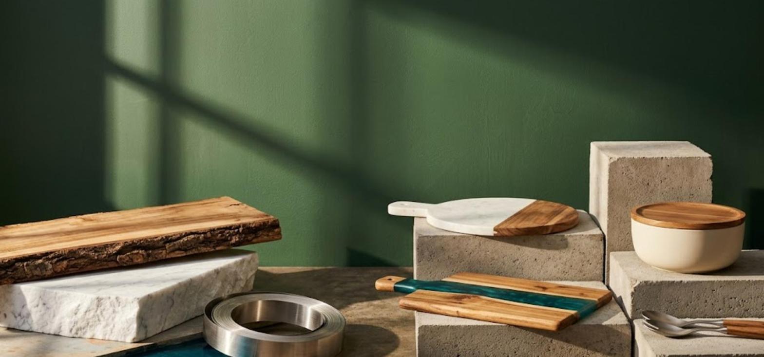 Vietnamese mixed material kitchenware on concrete plinths: acacia and marble cheese board, acacia board with teal resin inlay, ceramic bowl with acacia lid and steel tongs with wooden handles, beside raw wood, marble and steel