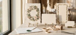 Handmade Vietnamese paper quilling wedding stationery suite on brass easels: an ivory invitation with a quilled peony wreath in sage, blush and gold, a menu card with a quilled vine border, a place card, and an envelope with a green wax seal on a travertine console in golden window light