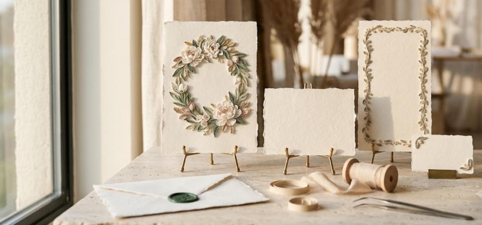 Handmade Vietnamese paper quilling wedding stationery suite on brass easels: an ivory invitation with a quilled peony wreath in sage, blush and gold, a menu card with a quilled vine border, a place card, and an envelope with a green wax seal on a travertine console in golden window light