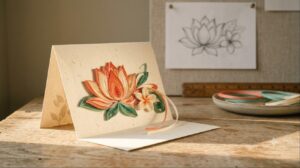 Handmade Vietnamese paper quilling lotus greeting card standing on an oak studio table beside the original pencil artwork sketch pinned to a board, illustrating design ownership and exclusivity on OEM quilling card orders