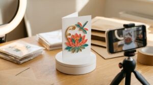 Handmade Vietnamese paper quilling greeting card with a coral and teal lotus and dragonfly design on a white turntable in an e-commerce product photo studio, with a ring light, smartphone on tripod, sleeved cards and kraft mailers