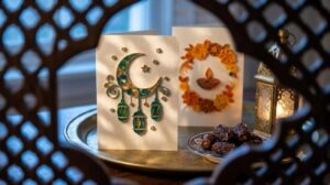 Handmade Vietnamese paper quilling greeting cards for Ramadan, Eid and Diwali: an emerald, teal and gold crescent moon and lantern card beside a marigold and diya card on a brass tray with dates and a brass lantern, seen through a carved wooden mashrabiya screen