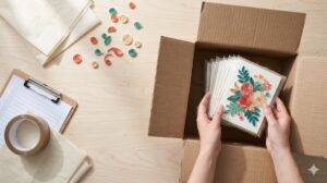 Hands packing sleeved handmade quilling greeting cards with coiled paper flowers into a kraft export carton for shipment to the UK
