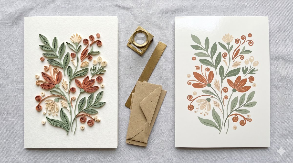 Handmade quilling card with raised coiled paper flowers beside a flat printed floral card, loupe and kraft envelopes on grey linen