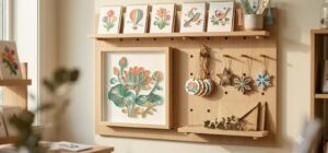 Boutique gift shop wall display of handmade Vietnamese paper quilling products: quilling greeting cards on a pale oak ledge, a framed quilled lotus artwork in teal, coral and gold, quilled gift tags on jute twine, star and snowflake ornaments and quilled bookmarks