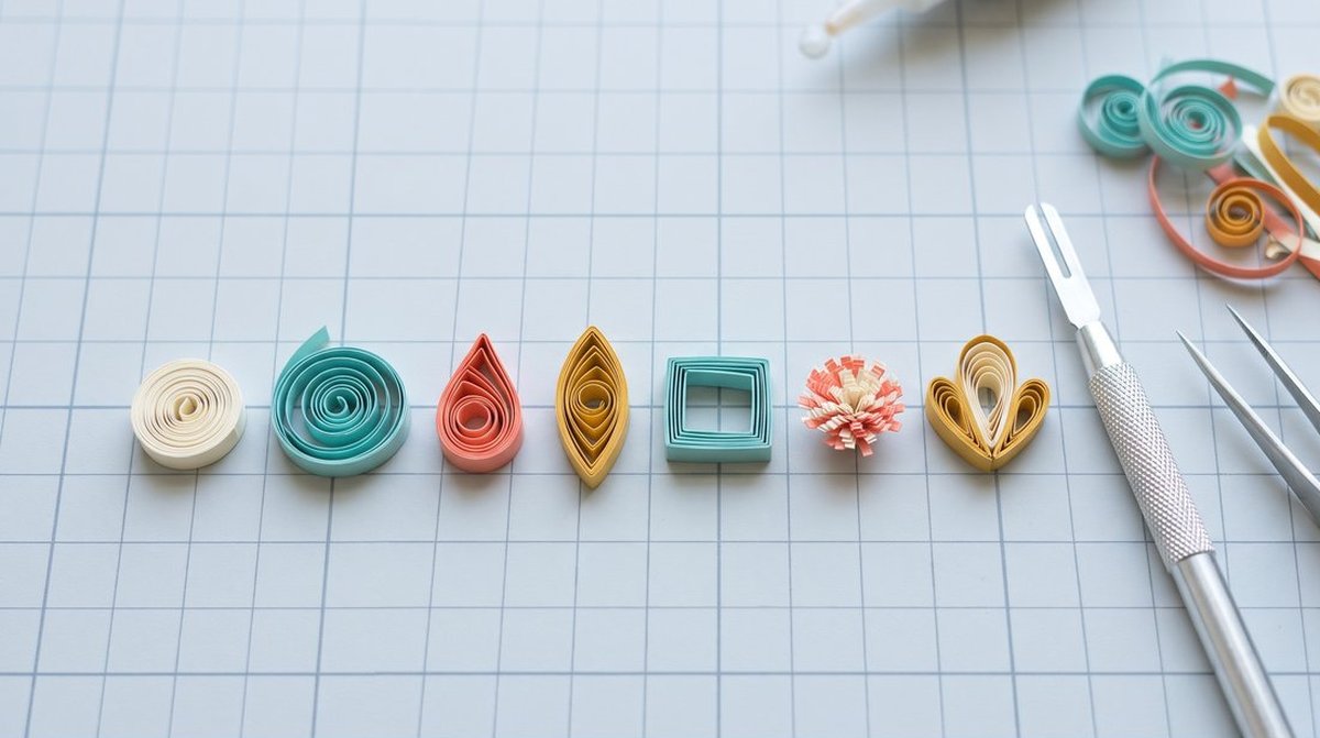 Row of basic paper quilling shapes on a cutting mat: tight coil, loose coil, teardrop, marquise, square, fringed flower and husked petal, beside a slotted quilling tool and tweezers