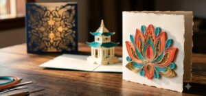 Three handmade paper card formats on a walnut workbench in a Vietnamese workshop: a quilling card with a coral, turquoise and gold paper lotus in front, a 3D pop-up card with a pagoda in the middle and a navy and gold laser-cut card behind
