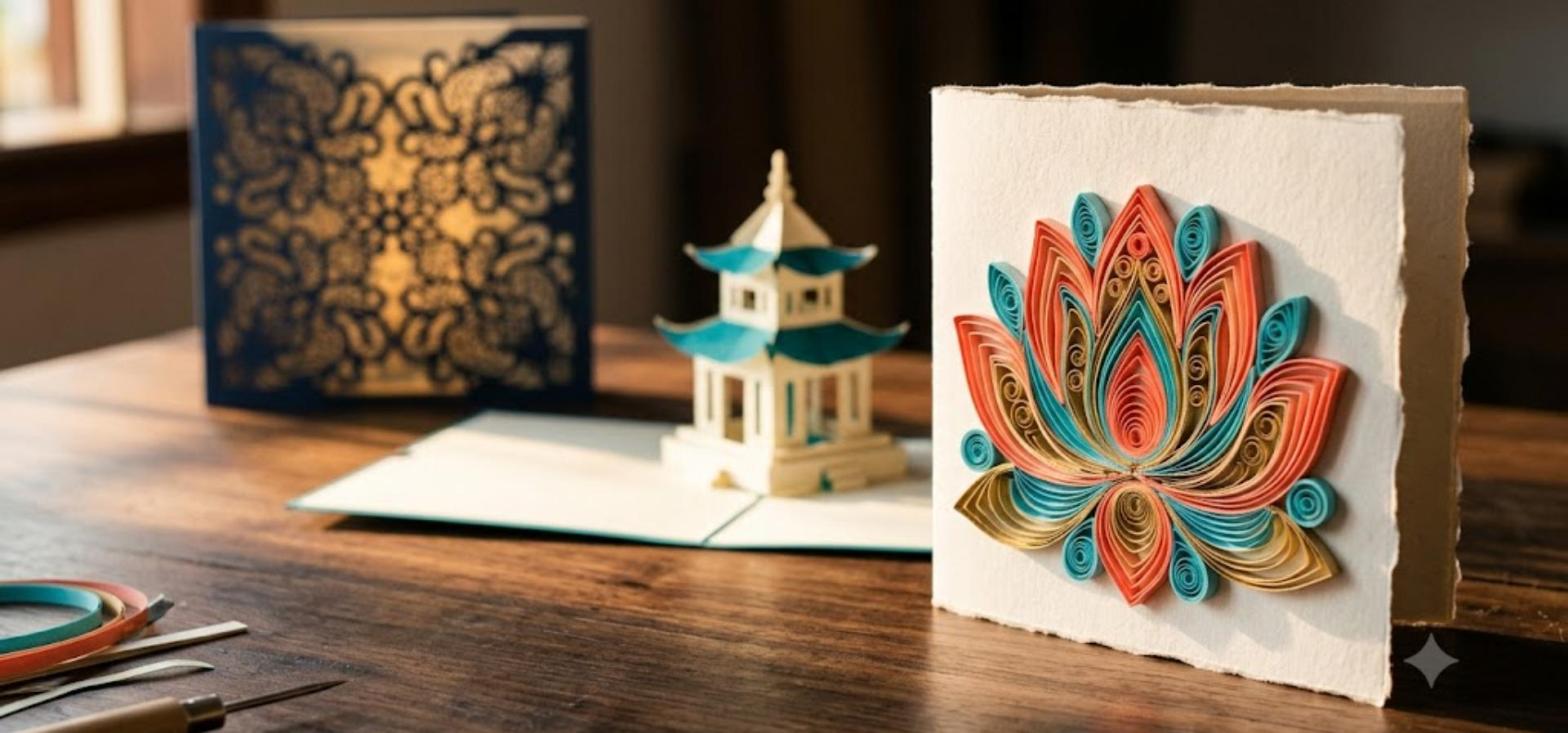 Three handmade paper card formats on a walnut workbench in a Vietnamese workshop: a quilling card with a coral, turquoise and gold paper lotus in front, a 3D pop-up card with a pagoda in the middle and a navy and gold laser-cut card behind