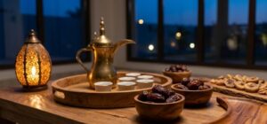 Acacia and mango wood serveware for Ramadan in a Gulf majlis at dusk: round serving tray with a brass dallah and cups, turned wooden bowls of dates, a live edge serving board and a crescent wooden platter made in Vietnam