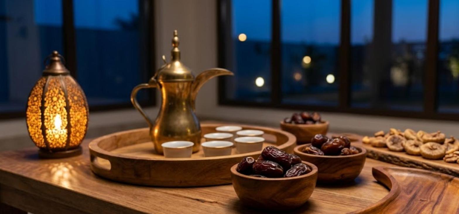 Acacia and mango wood serveware for Ramadan in a Gulf majlis at dusk: round serving tray with a brass dallah and cups, turned wooden bowls of dates, a live edge serving board and a crescent wooden platter made in Vietnam
